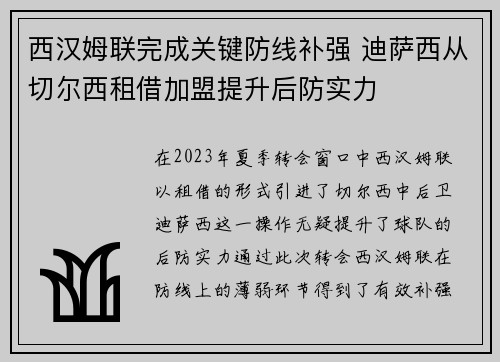 西汉姆联完成关键防线补强 迪萨西从切尔西租借加盟提升后防实力 西汉姆联完成关键防线补强 迪萨西从切尔西租借加盟提升后防实力