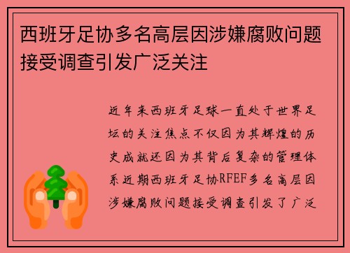 西班牙足协多名高层因涉嫌腐败问题接受调查引发广泛关注 西班牙足协多名高层因涉嫌腐败问题接受调查引发广泛关注